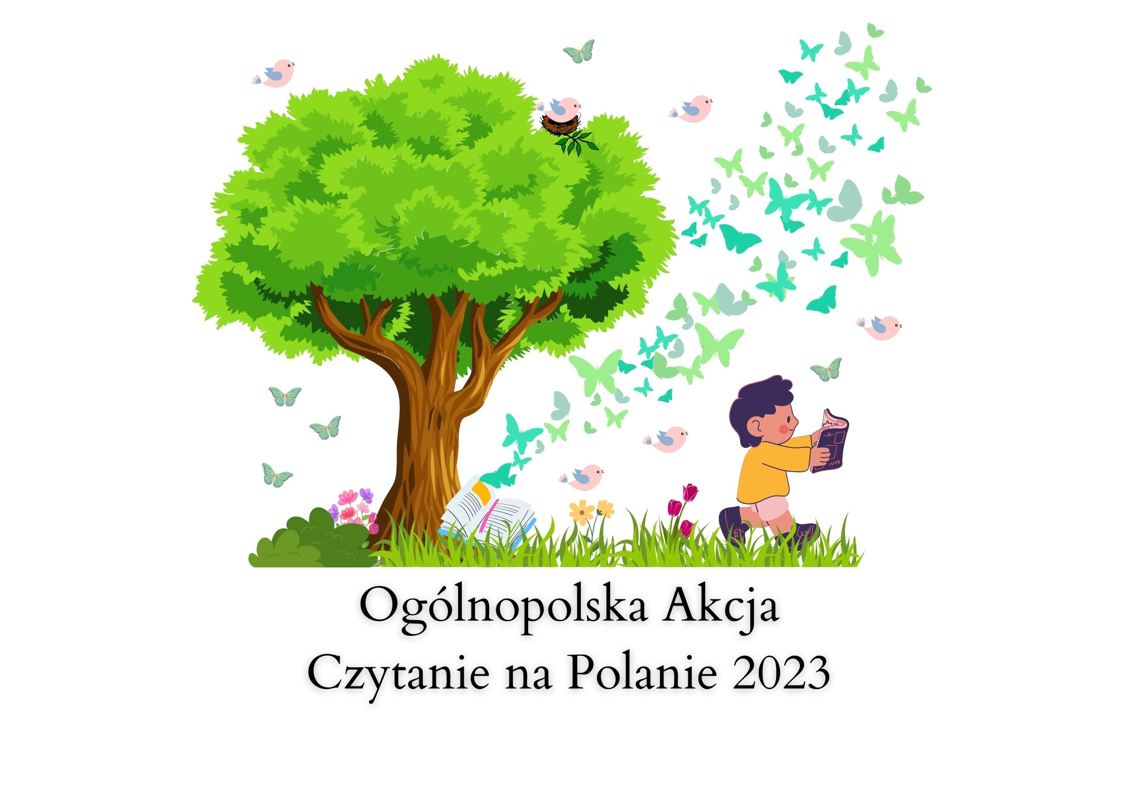 Obrazek przedstawia drzewo, pod któym leży otwarta ksiązka, z której wylatują motyle. Obok idzie chłopiec i czyta książkę. Napis: Ogólnopolska Akcja Czytanie na Polanie 2023