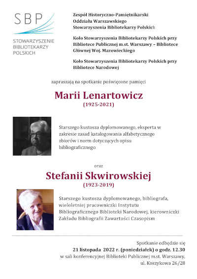 Zaproszenie na spotkanie poświęcone pamięci Marii Lenartowicz (1925-2021) oraz Stefanii Skwirowskiej (1923-2019)